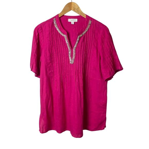 Charter Club Luxury Magenta Linen Beaded Neckline Pintuck Blouse Size Medium - Picture 1 of 10